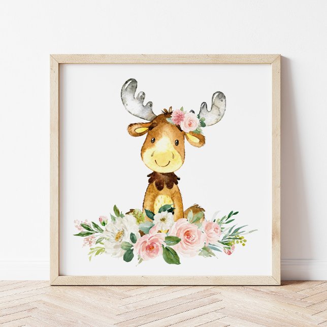 Moose, Woodland Animals, Boho, Pink Flowers Photo Print (Creator Uploaded)