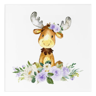 Moose, Woodland Animals, Boho, Purple Flowers Acrylic Print