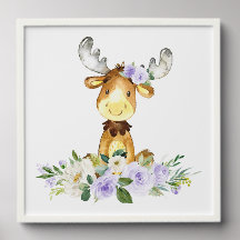 Moose, Woodland Animals, Boho, Purple Flowers