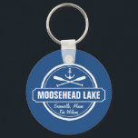 Moosehead Lake Maine anchor custom town and name Keychain<br><div class="desc">Moosehead Lake Maine nautical anchor design is personalized with your town (such as Greenville, Rockwood or bay – Sandy Bay, Lily Bay or Beaver Cove, etc.) and your name (or delete). This retro, vintage style design features a white circle, anchor, crisscrossed paddles and a bold banner that reads Moosehead Lake....</div>