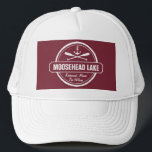 Moosehead Lake Maine anchor custom town and name Trucker Hat<br><div class="desc">Moosehead Lake Maine nautical anchor design is personalized with your town (such as Greenville, Rockwood or bay – Sandy Bay, Lily Bay or Beaver Cove, etc.) and your name (or delete). This retro, vintage style design features a white circle, anchor, crisscrossed paddles and a bold banner that reads Moosehead Lake....</div>