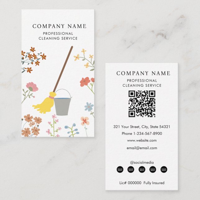 Mop Bucket Floral Professional Cleaning Services Business Card (Front/Back)