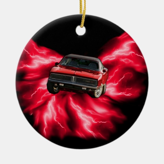 Mopar: '69 Charger on red lightning Ceramic Ornament (Front)