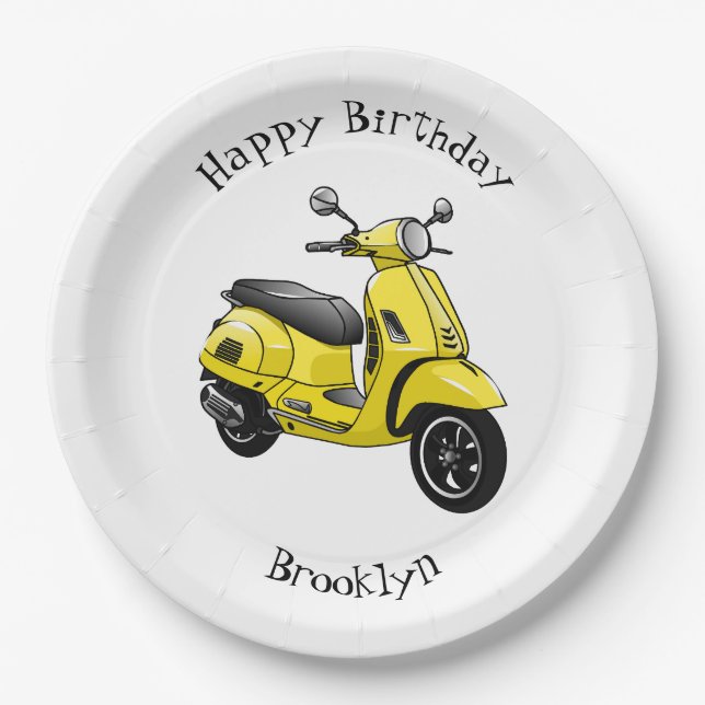 Moped motorcycle cartoon illustration paper plates (Front)