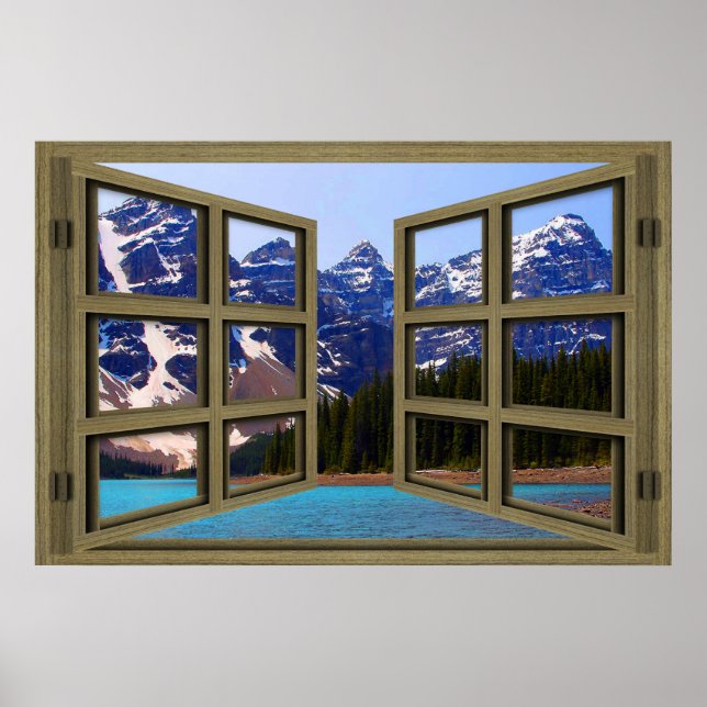 Moraine Lake Brown Wood 6 Pane Open Window Poster (Front)
