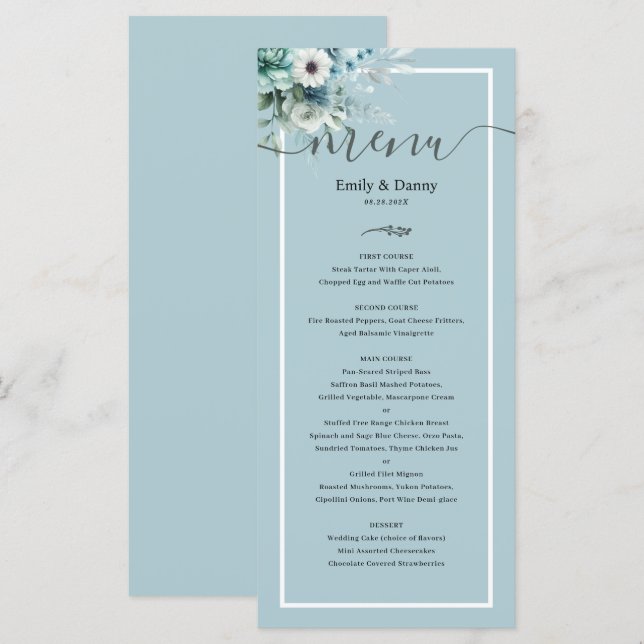 Morandi Ash Blue Elegant Botanical Wedding Menu (Front/Back)