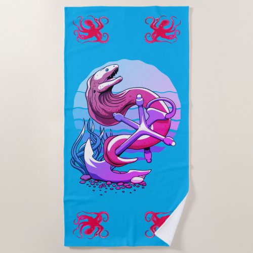 Moray Eel and Anchor and octopus Beach Towel