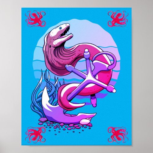 Moray Eel and Anchor and octopus Poster