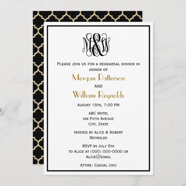 MorBlack Vine Script Monogram B&G DIY BG Rehearsal Invitation (Front/Back)