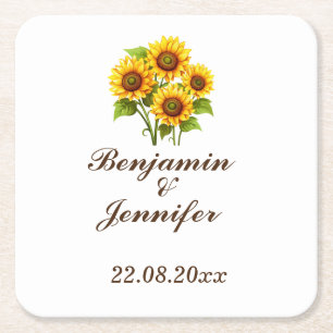 Mordern Elegant Rustic Boho Sunflower Wedding Square Paper Coaster