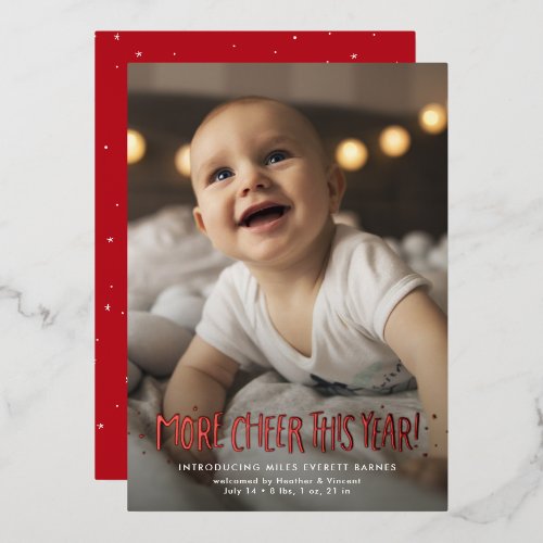 More cheer this year cute new baby red Christmas Foil Holiday Card