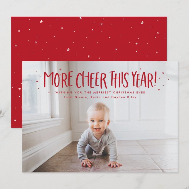 More cheer this year fun one photo red Christmas Holiday Card (Front/Back)