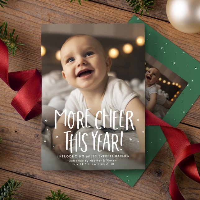 More cheer this year two photo green Christmas Holiday Card (Creator Uploaded)