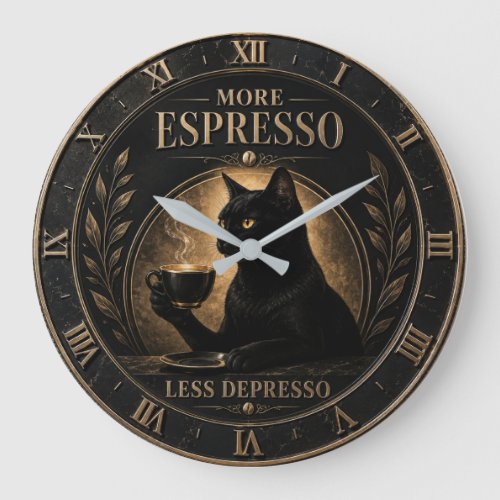 More Espresso Less Depresso Black Cat Large Clock