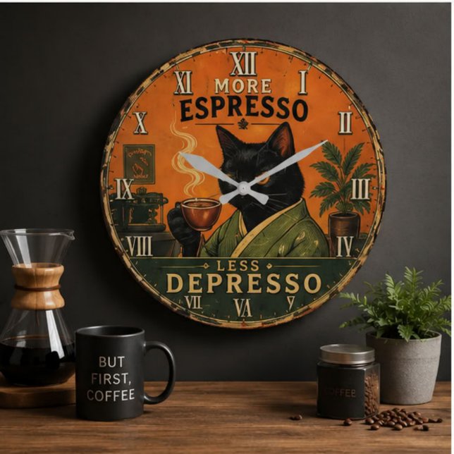 More Espresso Less Depresso Cat Large Clock (Creator Uploaded)
