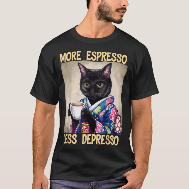More Espresso Less Depresso Japanese Art Funny Cat T-Shirt (Front)
