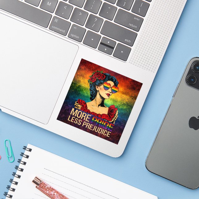 More Pride Less Prejudice Pride Month LGBTQ Sticker (Laptop w/ iPhone)