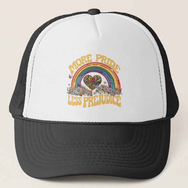 More Pride Less Prejudice Retro Rainbow Pride LGBT Trucker Hat (Front)