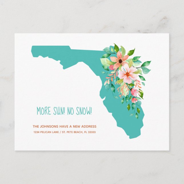 More Sun No Snow New Address Florida Map  Announcement Postcard (Front)