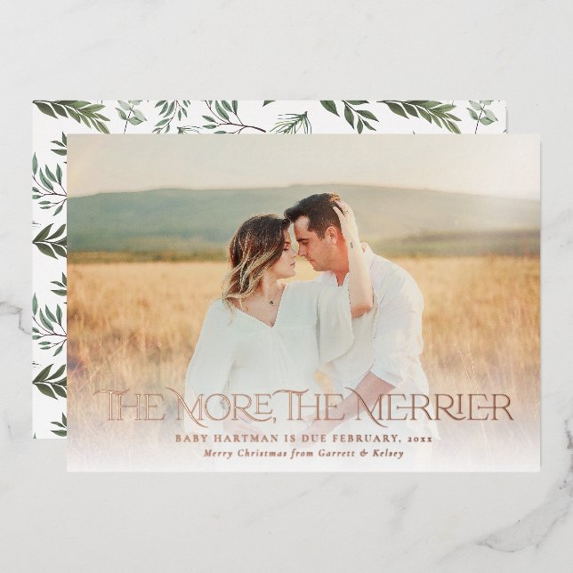 More The Merrier Announce Pregnancy Photo Foil Holiday Card (Front/Back)