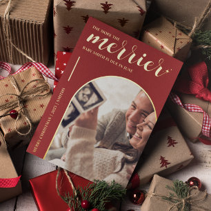 More the Merrier Red Gold Christmas Pregnancy Foil Holiday Card