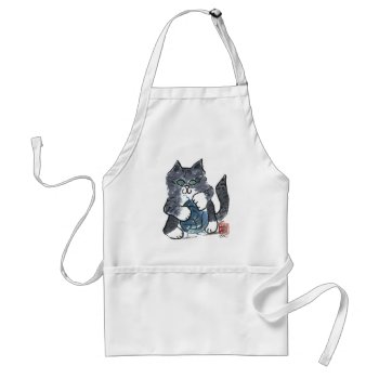 More Yarn Play By Gray Tiger Kitten  Sumi-e Adult Apron by Nine_Lives_Studio at Zazzle