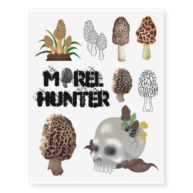 Morel Hunter Mushroom Fungi Assortment Skull Temporary Tattoos (Front)