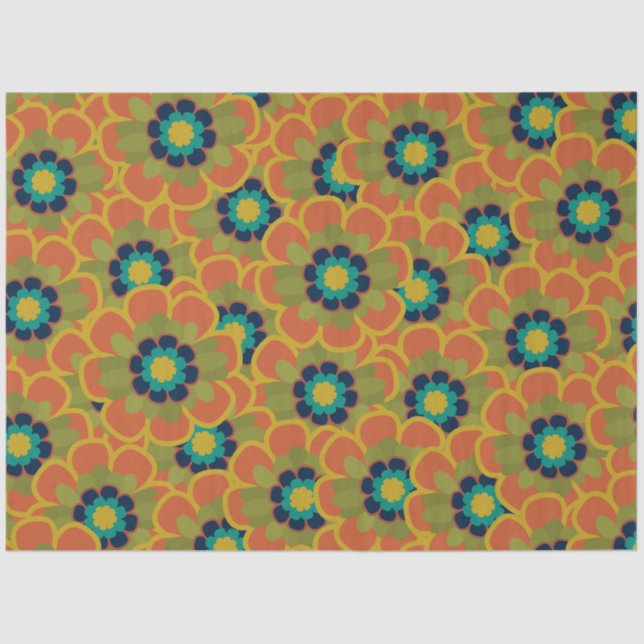 Morelia Retro Floral Pattern Burnt Orange and Blue Tissue Paper (Front)
