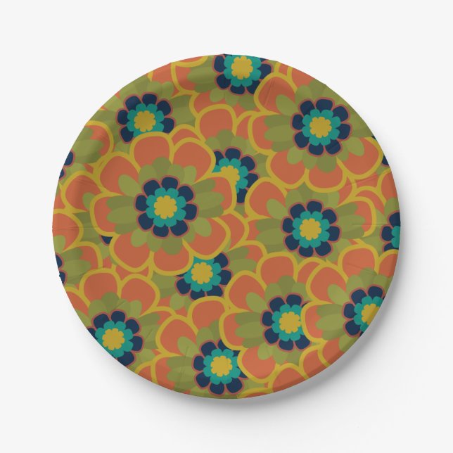 Morelia Retro Floral Pattern Burnt Orange Paper Plates (Front)