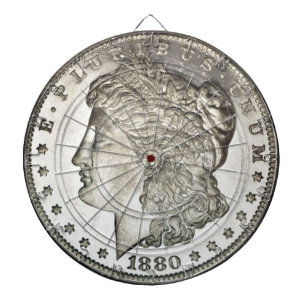 Morgan Silver Dollar Image on Dartboard With Darts