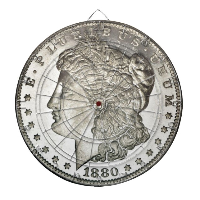 Morgan Silver Dollar Image on Dartboard With Darts (Front)