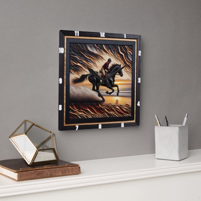 Morgan Water Gallop: Charred Grain Artwork Square Wall Clock (Office)