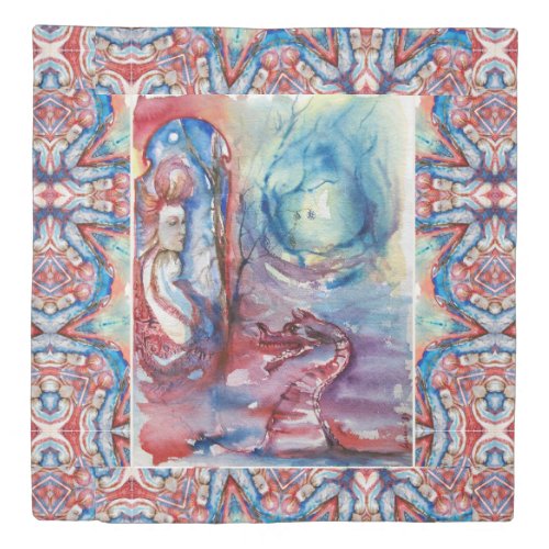 MORGANA Enchantress and Dragon Pink Blue Fantasy Duvet Cover