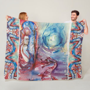 MORGANA Enchantress and Dragon ,Pink Blue Fantasy Fleece Blanket