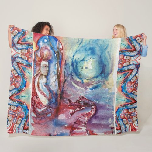 MORGANA Enchantress and Dragon Pink Blue Fantasy Fleece Blanket