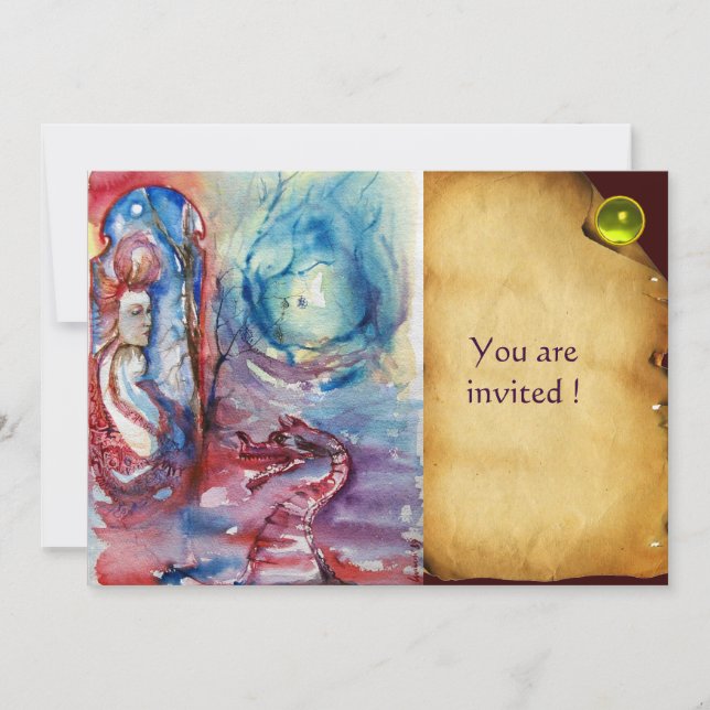 MORGANA Lady and Dragon Parchment Yellow Gem Invitation (Front)