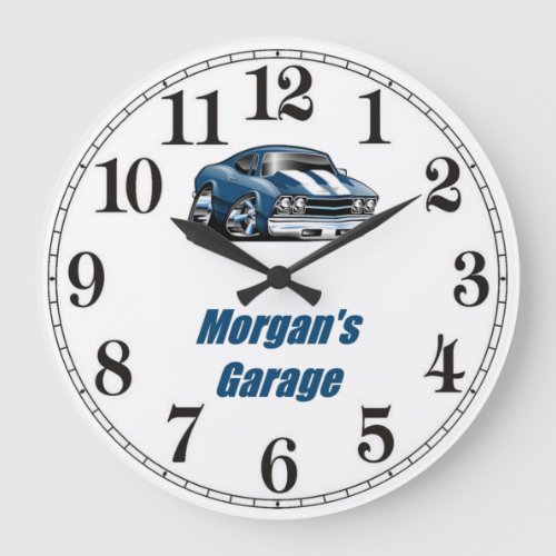 Morgans Blue Muscle Car Garage Large Clock