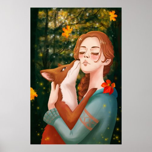 Mori Girl Red Fox Maple Autumnal Healing Poster