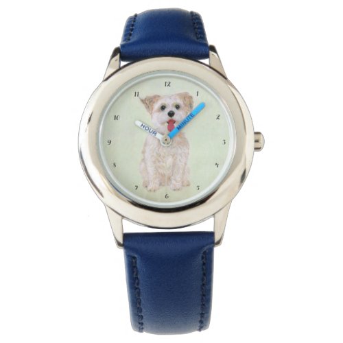 Morkie Dog Bezel Stainless Steel Blue Kids Watch