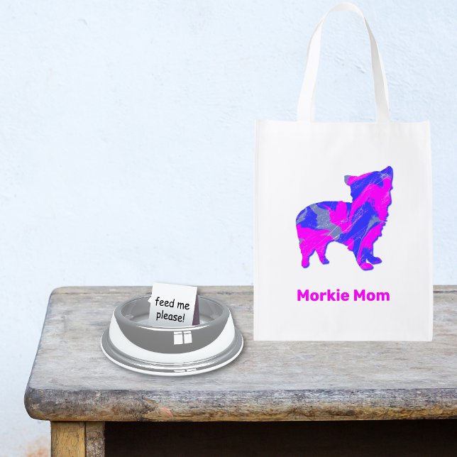 Morkie Dog Silhouette Hot Pink and Blue Grocery Bag (Morkie Mom reusable bag with space for personalisation)