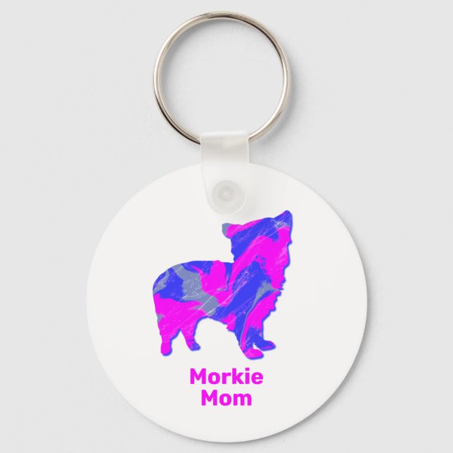 Morkie Dog Silhouette Hot Pink and Blue Keychain (Front)