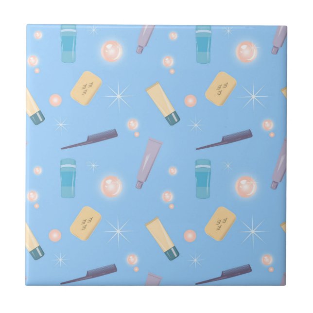 Morning Bathroom Toiletries Pattern Blue Ceramic Tile (Front)