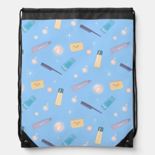 Morning Bathroom Toiletries Pattern Blue Drawstring Bag