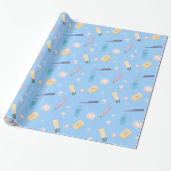 Morning Bathroom Toiletries Pattern Blue Wrapping Paper by DippyDoodle at Zazzle