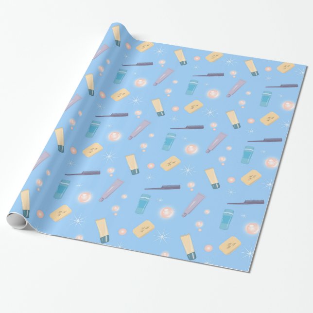 Morning Bathroom Toiletries Pattern Blue Wrapping Paper (Unrolled)
