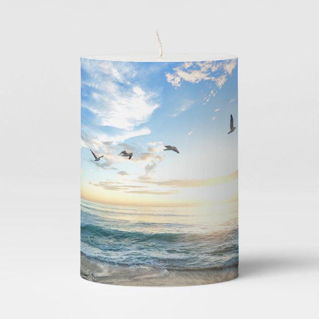 Morning Beach Seagulls Pillar Candle (Front)