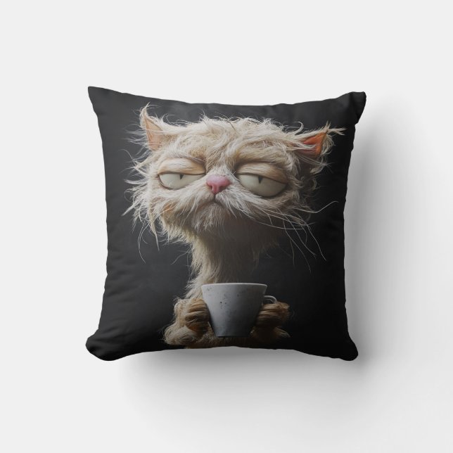 Morning Brew Bliss - Cat Throw Pillow (Front)