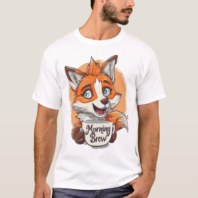 Morning Brew" Fox Coffee Lover  Whimsical Wake-Up  T-Shirt (Front)