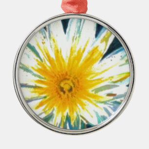 Morning Bright White Yellow Flower on Midnight Metal Ornament
