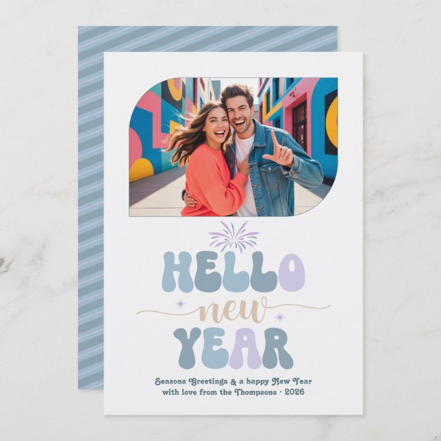 Morning Chill Hello New Year Blue Retro Photo Holiday Card (Front/Back)